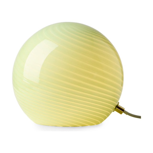 Candy Table Lamp 20cm in olive green, a spherical ribbed glass globe with subtle diagonal fluting and a small brass fitting, shown on a plain white background.