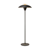Stepp Floor Lamp in black with a wide shallow dome shade, antique brass fin detail at centre, slim stem and round base, shown on a plain white background.