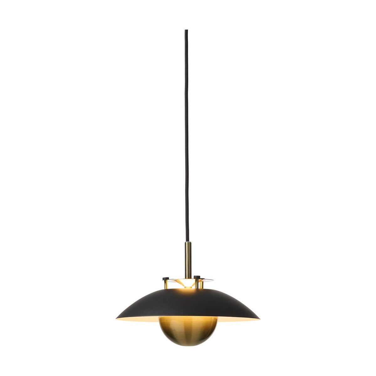 Stepp LED Pendant Light 24cm in black and antique brass, with a shallow black disc shade, brass fin detail at centre, and polished brass ball beneath, on a plain white background.
