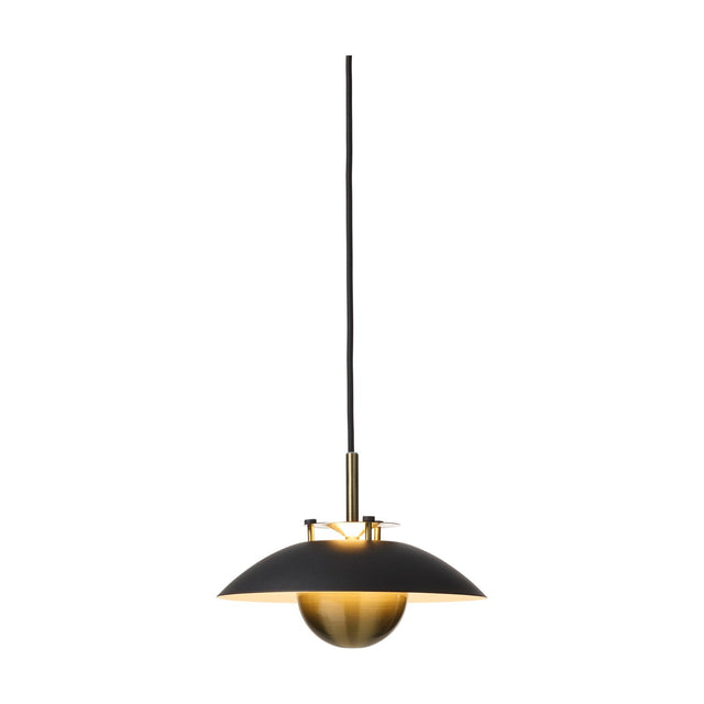 Stepp LED Pendant Light 24cm in black and antique brass, with a shallow black disc shade, brass fin detail at centre, and polished brass ball beneath, on a plain white background.
