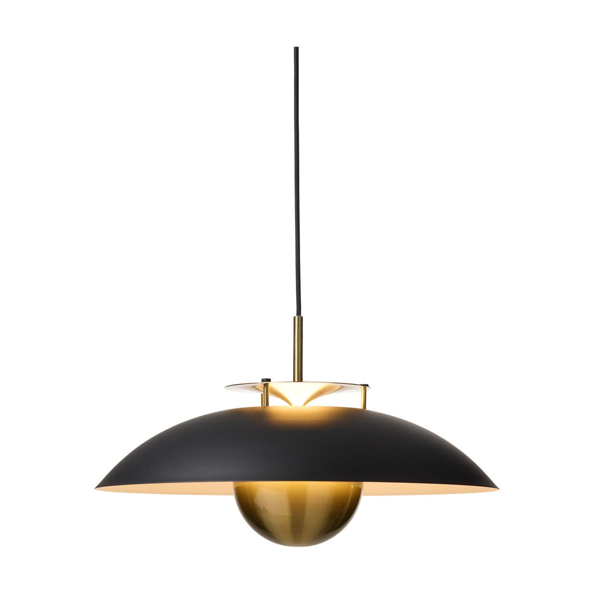 Stepp LED pendant light in black and antique brass, featuring a wide shallow black disc shade with a polished brass ball beneath, hung on a black cord against a plain white background.