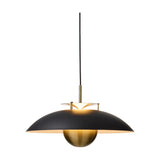Stepp LED pendant light in black and antique brass, featuring a wide shallow black disc shade with a polished brass ball beneath, hung on a black cord against a plain white background.