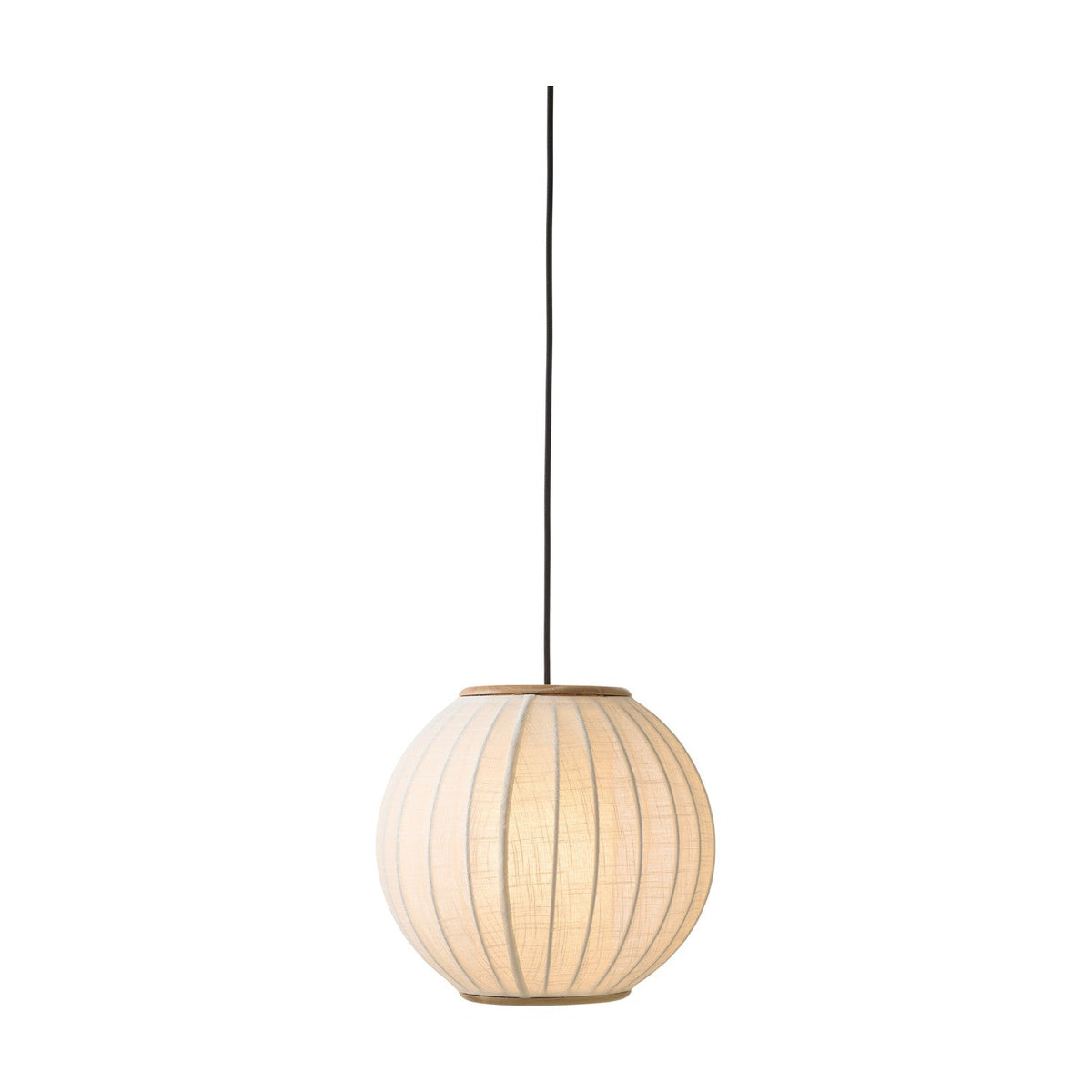 Balloon Pendant Light 30cm in White & Beige, a spherical fabric shade with vertical ribbed pleats and brass top and bottom rings, hung on a black cord against a plain white background.