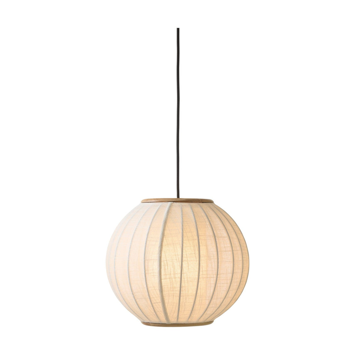 Balloon Pendant Light 40cm in white and beige, a spherical fabric shade with vertical pleats and brass trim rings, suspended on a black cord against a plain white background.