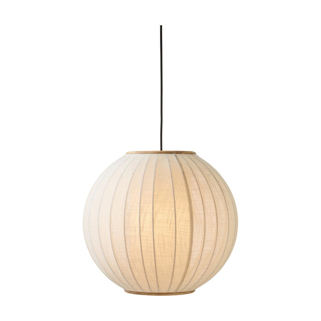 Balloon Pendant Light 50cm in white and beige, a spherical, vertically pleated fabric shade with pale wooden top and bottom rings, shown lit against a plain white background.