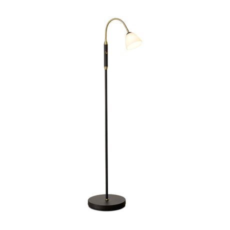 Lucid LED floor lamp with slim black stem on a round black base, curved antique brass gooseneck arm holding a small opal glass bell shade, shown on a plain white background.