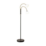 Lucid LED 2F Advent Floor Lamp with a slim black stem and round base, two curved antique brass goosenecks holding opal glass bell shades, shown on a plain white background.