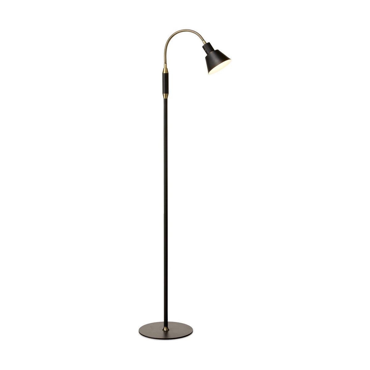 Space LED 1F floor lamp with slim black stem, round black base, curved antique brass neck and small black cone shade with cream lining, shown on a white background.