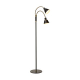 Space LED 2F floor lamp with a slim black stem on a round base, two brass goosenecks curving to black cone shades, set against a plain white background.