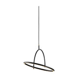 Tilt LED Ring Chandelier 40cm in black and brass, with a horizontal ring carrying an integrated light strip crossed by a tall arched loop, suspended on a black flex against a plain white background.