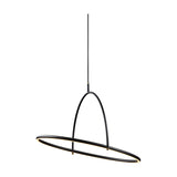 Tilt LED Ring Chandelier 60cm in matt black and brass, with a large horizontal illuminated ring crossed by a tall arched loop, hung from a single black flex on a plain white background.