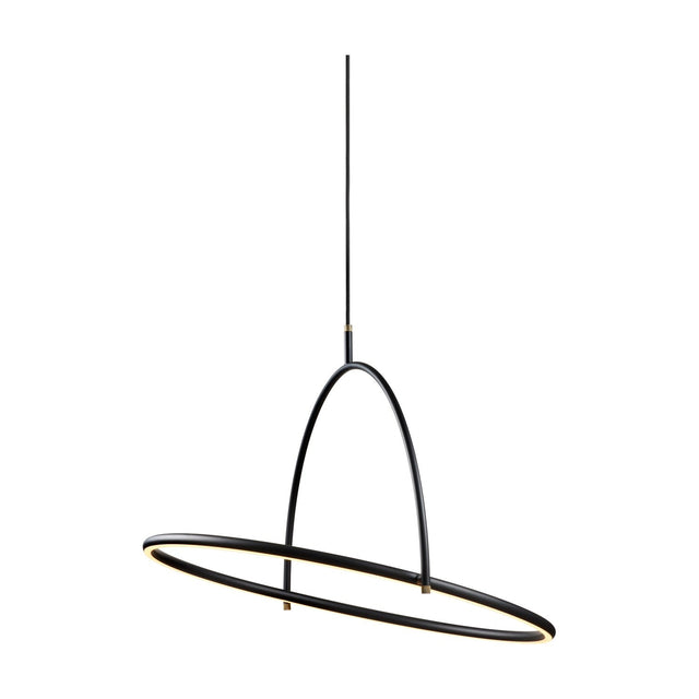Tilt LED Ring Chandelier 60cm in matt black and brass, with a large horizontal illuminated ring crossed by a tall arched loop, hung from a single black flex on a plain white background.