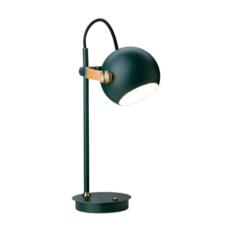 DC LED Go Portable Table Lamp in dark green, with a spherical head on an oak strap and brass pivot, black flex arch, and round base, shown on a plain white background.