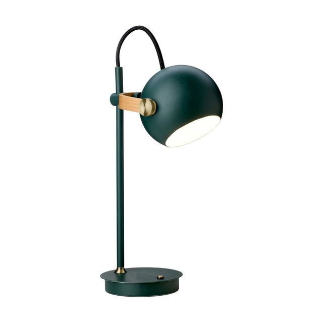 DC LED Go Portable Table Lamp in dark green, with a spherical head on an oak strap and brass pivot, black flex arch, and round base, shown on a plain white background.