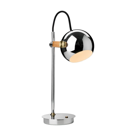 DC LED Go Portable Table Lamp in chrome, featuring a spherical head on an oak strap with brass boss, slim post, round base, and arching black flex, set on a white background.
