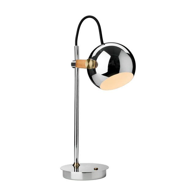 DC LED Go Portable Table Lamp in chrome, featuring a spherical head on an oak strap with brass boss, slim post, round base, and arching black flex, set on a white background.