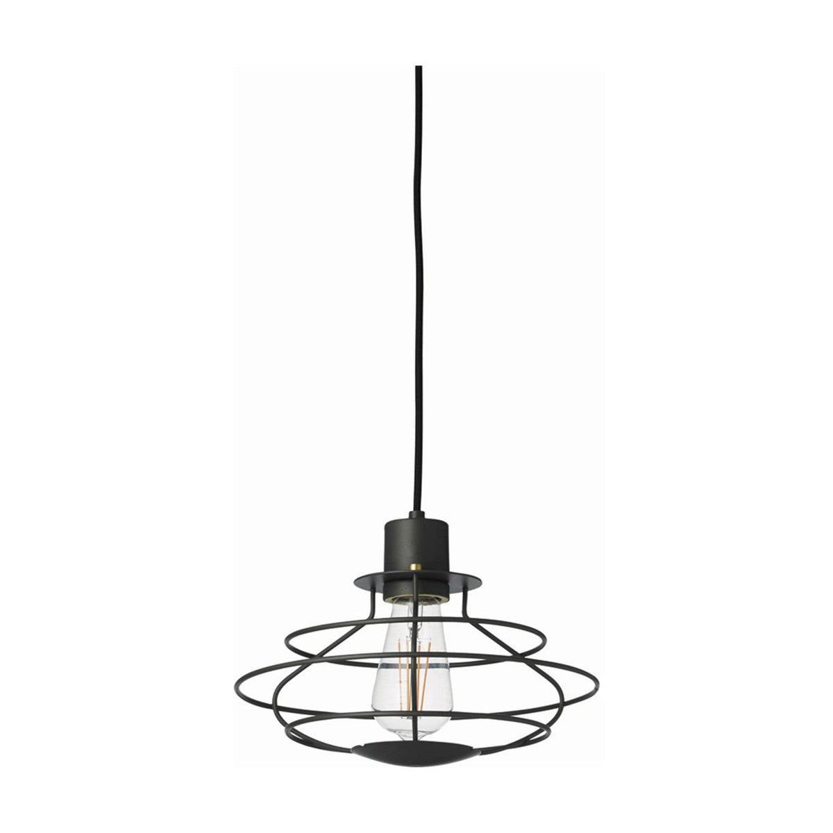Radio Pendant Light 28cm in dark grey, an open wire cage with horizontal hoops and vertical ribs revealing an exposed E27 bulb, hung on a black cord against a plain white background.