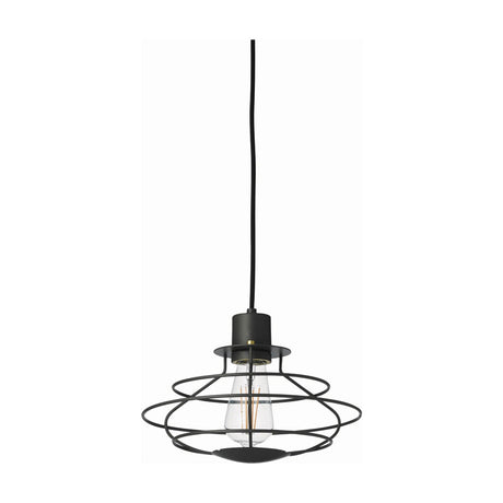 Radio Pendant Light 28cm in dark grey, an open wire cage with horizontal hoops and vertical ribs revealing an exposed E27 bulb, hung on a black cord against a plain white background.