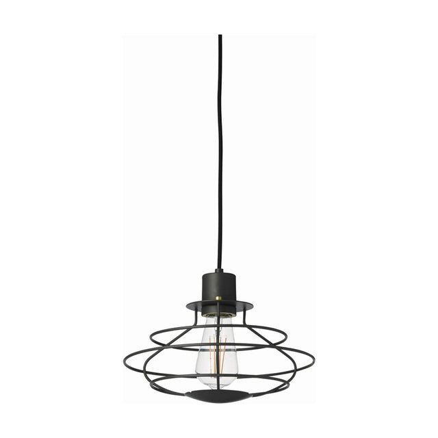 Radio Pendant Light 28cm in dark grey, an open wire cage with horizontal hoops and vertical ribs revealing an exposed E27 bulb, hung on a black cord against a plain white background.