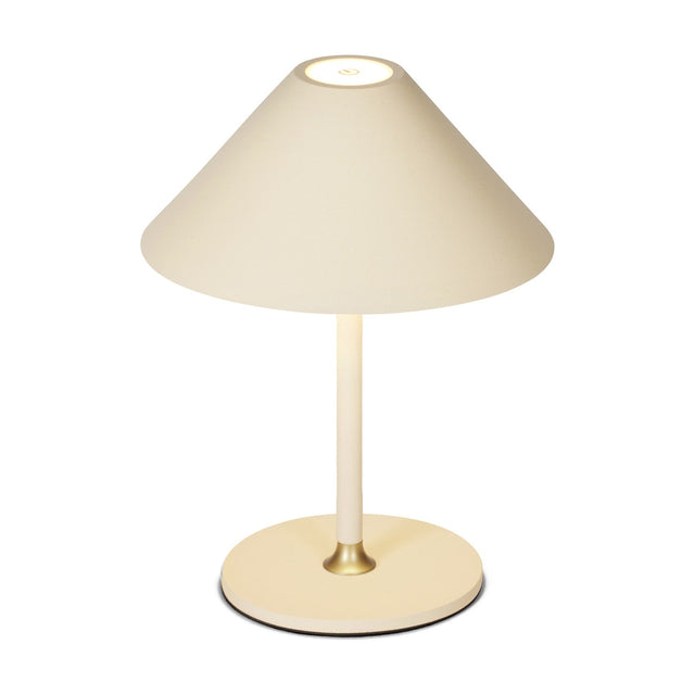 Hygge LED Rechargeable Outdoor Table Lamp in cream white, with a wide cone shade, slim stem, brass collar, and round base on a plain white background.