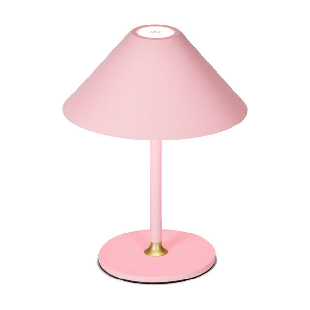 Hygge LED Rechargeable Outdoor Table Lamp in rose, with a wide pink cone shade, slim stem, brass collar, and round pink base on a plain white background.