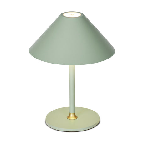 Hygge LED rechargeable outdoor table lamp in mint green, with a wide cone shade, slim stem, brass collar, and round disc base on a plain white background.