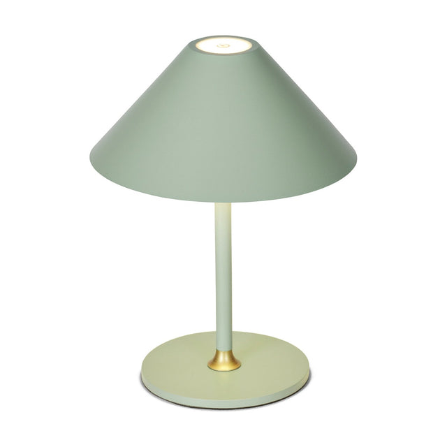 Hygge LED rechargeable outdoor table lamp in mint green, with a wide cone shade, slim stem, brass collar, and round disc base on a plain white background.