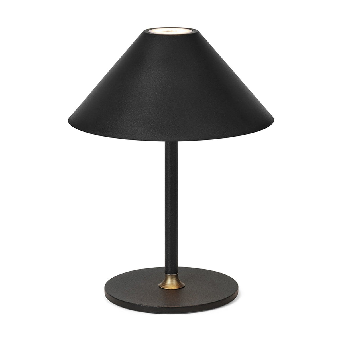 Hygge LED Rechargeable Outdoor Table Lamp in graphite, with a wide black cone shade, slim stem, round base, and brass collar detail, shown on a plain white background.