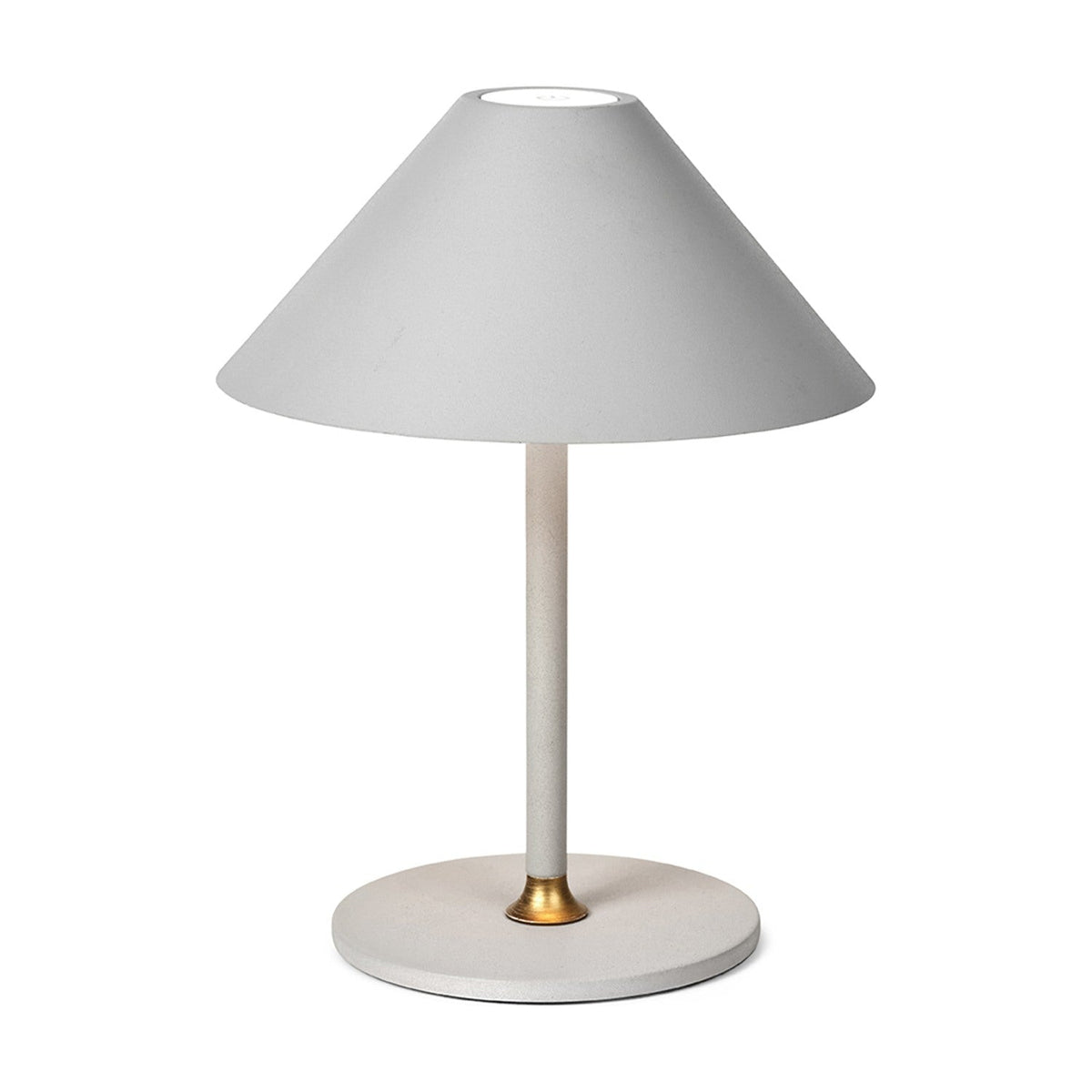 Hygge LED rechargeable outdoor table lamp in warm grey, with a wide cone shade, slim stem, brass collar, and round disc base on a plain white background.