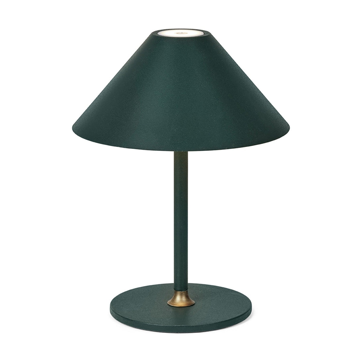 Hygge LED Rechargeable Outdoor Table Lamp in dark green, with a wide cone shade, slim stem, brass collar, and round base on a plain white background.