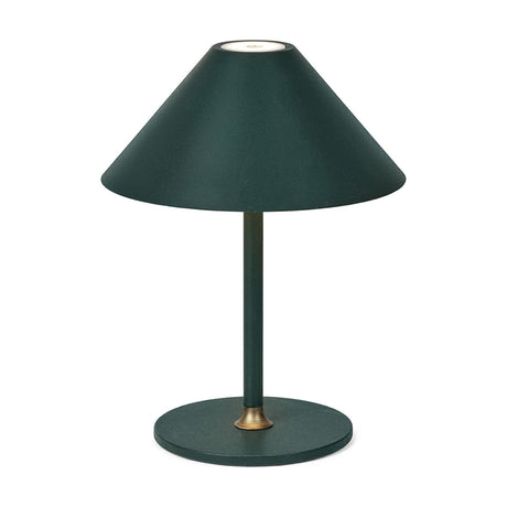 Hygge LED Rechargeable Outdoor Table Lamp in dark green, with a wide cone shade, slim stem, brass collar, and round base on a plain white background.