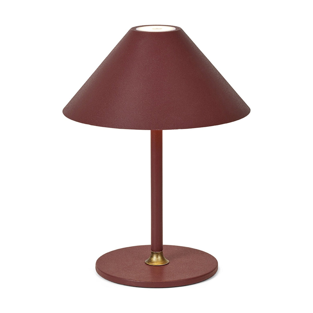Hygge LED Rechargeable Outdoor Table Lamp in maroon, with a wide cone shade, slim stem, brass collar, and round flat base on a plain white background.