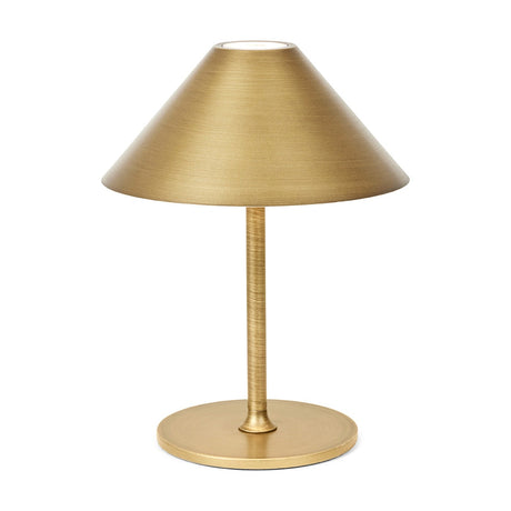 Hygge LED Rechargeable Outdoor Table Lamp in antique brass, with a wide cone shade, slim stem, round disc base, and control button on the crown, shown on a white background.