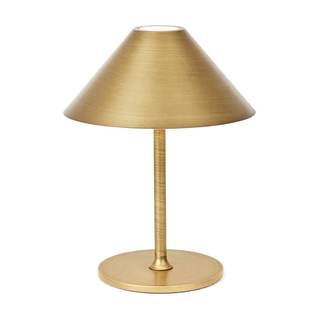 Hygge LED Rechargeable Outdoor Table Lamp in antique brass, with a wide cone shade, slim stem, round disc base, and control button on the crown, shown on a white background.
