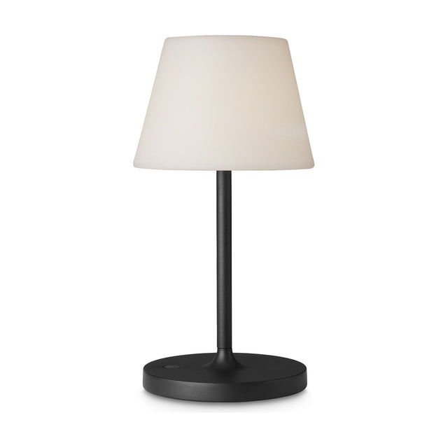 New Northern LED outdoor table lamp in graphite, with a tall opal empire-cone shade on a slim black stem and round base, shown on a plain white background.