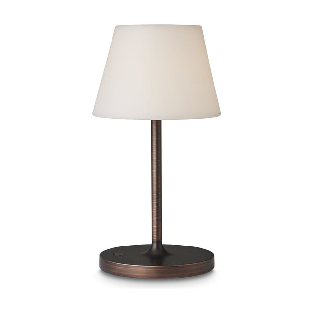 New Northern LED outdoor table lamp with a tall opal cone shade on a slim antique copper stem and round base, shown on a plain white background.