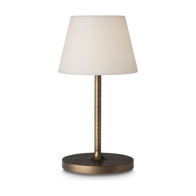 New Northern LED outdoor table lamp with a tall opal cone shade on a slim antique brass stem and round base, set against a plain white background.