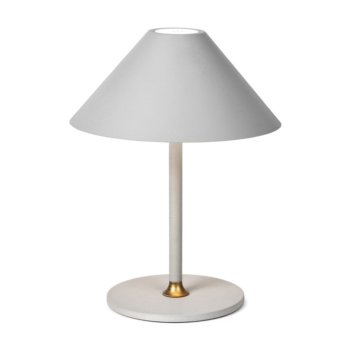 Hygge LED Rechargeable Table Lamp 19cm in warm grey, with a wide cone shade, slim stem, brass collar accent, and round flat base on a plain white background.