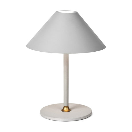 Hygge LED Rechargeable Table Lamp 19cm in warm grey, with a wide cone shade, slim stem, brass collar accent, and round flat base on a plain white background.