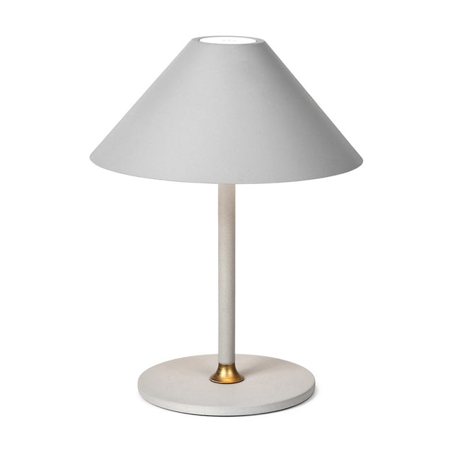 Hygge LED Rechargeable Table Lamp 19cm in warm grey, with a wide cone shade, slim stem, brass collar accent, and round flat base on a plain white background.