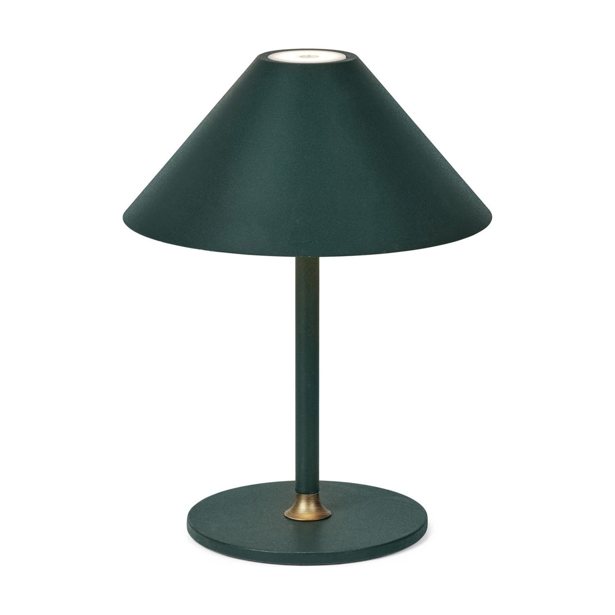 Hygge LED Portable Rechargeable Outdoor Table Lamp in dark green, with a wide cone shade, slim stem, round base, and brass collar detail, shown on a plain white background.