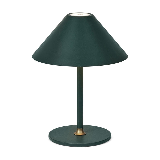 Hygge LED Portable Rechargeable Outdoor Table Lamp in dark green, with a wide cone shade, slim stem, round base, and brass collar detail, shown on a plain white background.