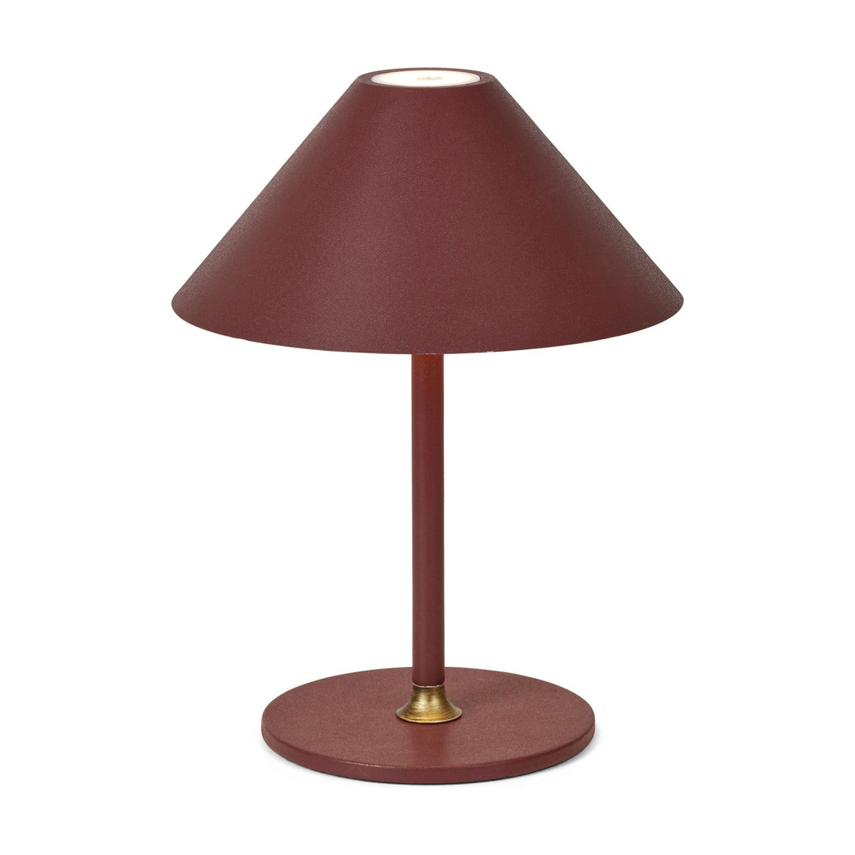 Hygge LED Portable Rechargeable Outdoor Table Lamp in maroon, wide cone shade on a slim stem with round disc base and brass collar, on a white background.