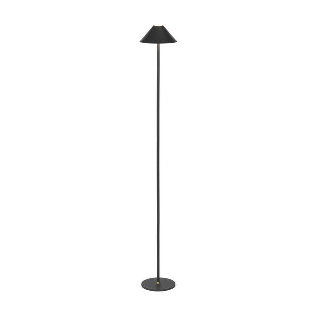 Hygge LED Rechargeable Outdoor Floor Lamp in graphite, with a cone-shaped shade atop a slim stem and round disc base, brass collar accent, on a white background.