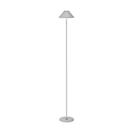 Hygge LED Rechargeable Outdoor Floor Lamp in cream grey, with a slim tall stem, cone-shaped shade, and round flat base with brass collar, on a plain white background.