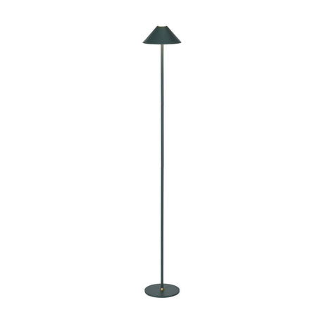 Hygge LED Rechargeable Outdoor Floor Lamp in dark green, with a slim tall stem, conical shade, and round base with brass collar detail, shown on a plain white background.