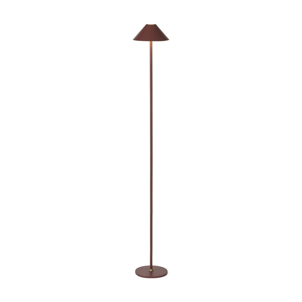 Hygge LED Rechargeable Outdoor Floor Lamp in maroon, with a slim round stem, conical tilted shade, and flat round base with brass collar, shown on a plain white background.