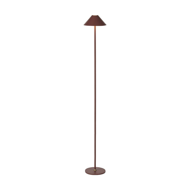Hygge LED Rechargeable Outdoor Floor Lamp in maroon, with a slim round stem, conical tilted shade, and flat round base with brass collar, shown on a plain white background.