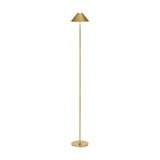 Hygge LED Rechargeable Outdoor Floor Lamp in antique brass with a slim round stem, conical shade, and flat round base, shown on a plain white background.