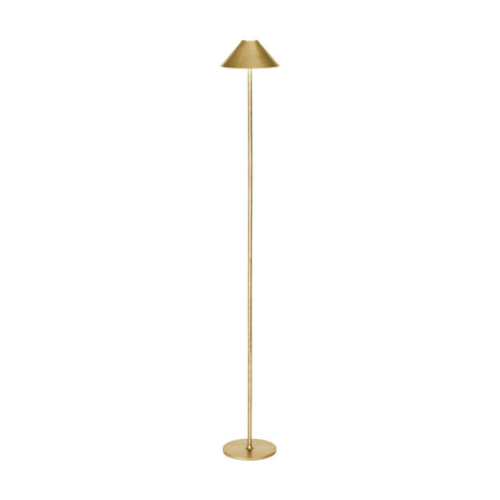 Hygge LED Rechargeable Outdoor Floor Lamp in antique brass with a slim round stem, conical shade, and flat round base, shown on a plain white background.
